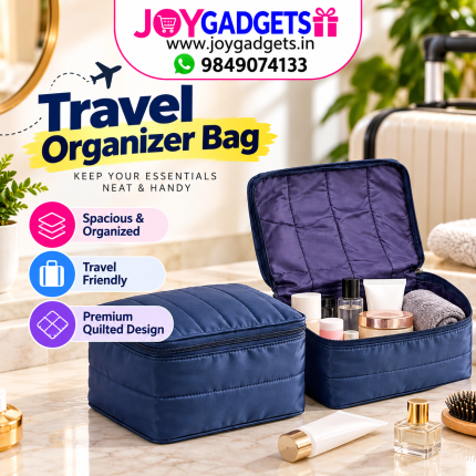 Premium Quilted Cosmetic Makeup |Organizer Bag | Large Capacity Zipper Storage Case for Women | Navy Blue Size=22*13*16 Cm Travel Toiletry | Waterproof