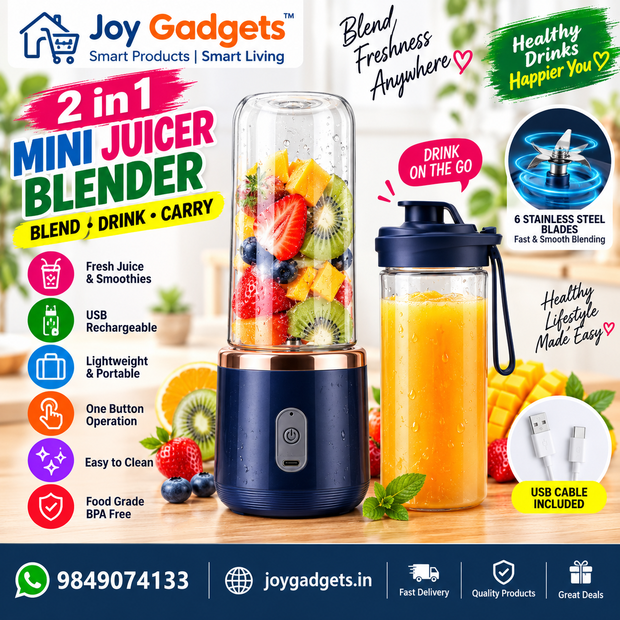 file_00000000e1f48211813e36d08fe2b52f Juicer Blender USB Rechargeable 400 ML 40 W Juicer Mixer Grinder - Image 1